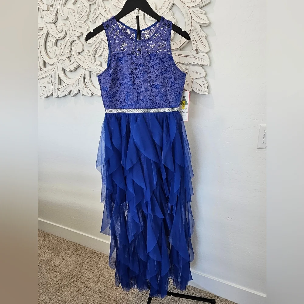 Rare Editions Blue Metallic Lace Girls Ruffle Formal Pageant Dress Girl Size 16